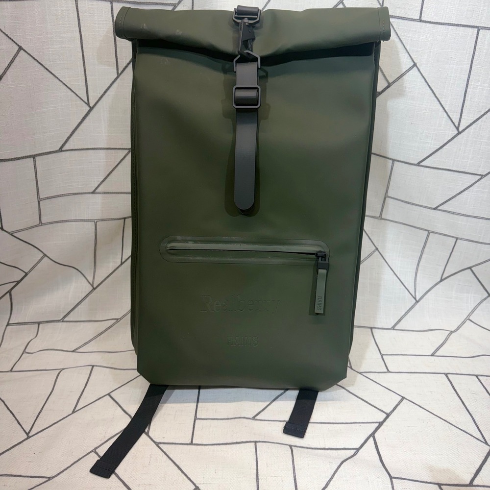 Rains Roll Top Rucksack Large Green Waterproof Backpack Realberry Logo